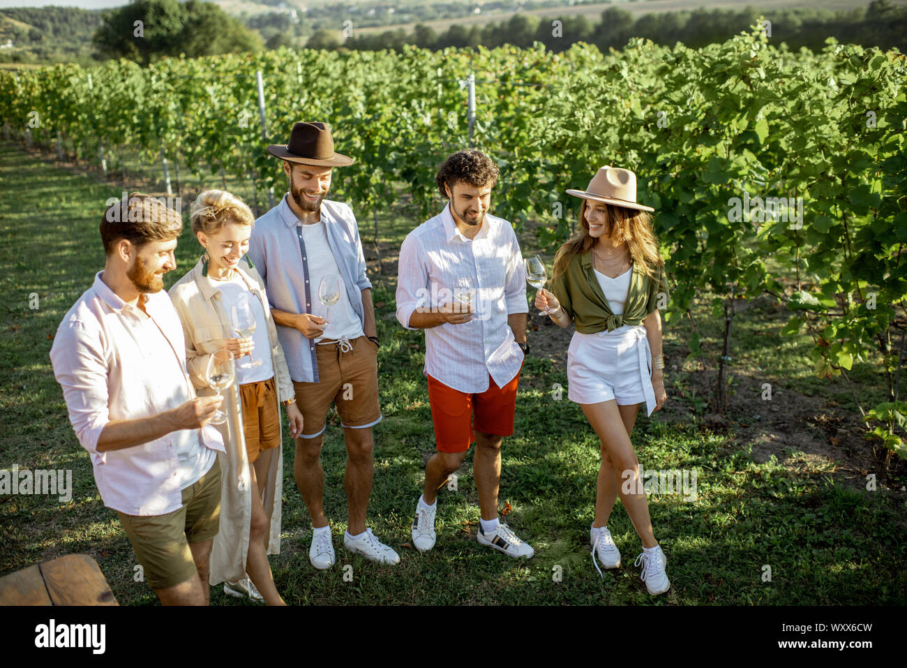Groupe de jeunes amis habillés de désinvolture à traîner ensemble, dégustation vin sur le vignoble sur un matin d'été ensoleillé Banque D'Images