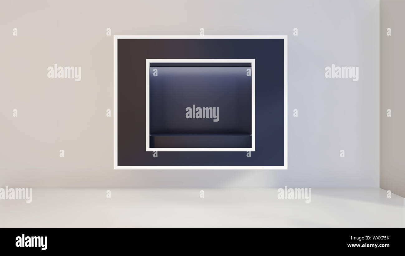 Affichage vitrine vitrine vide, avec la lumière, mettre en valeur des maquettes 3D Rendering. Banque D'Images