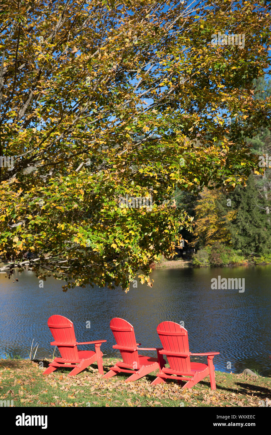 Muskoka chaises, aussi connus comme des chaises Adirondack par sauvetage lac près de Ludlow dans le Vermont, New England, USA Banque D'Images