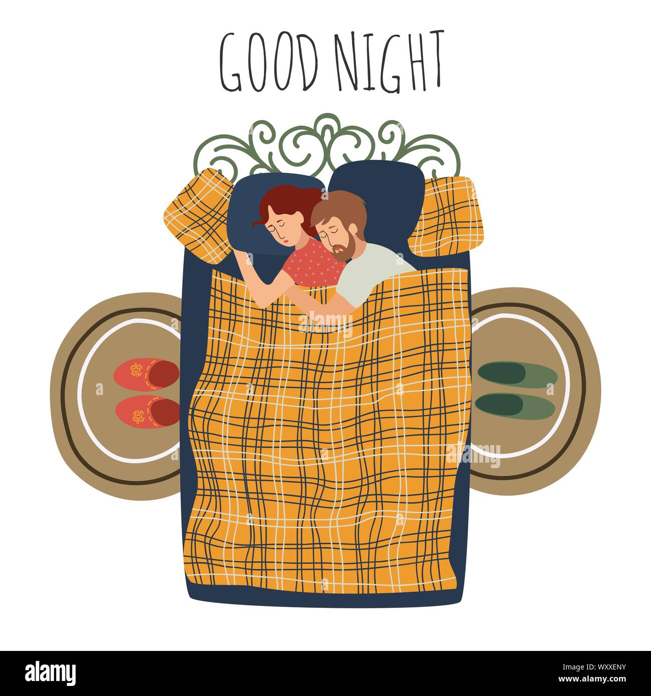 Bonne nuit. Vue de dessus de l'heureux couple au lit dormir ensemble. Main isolé-draw télévision illustraton sur fond blanc Illustration de Vecteur