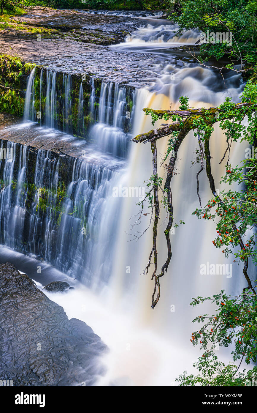 Sgwd Oisans-Gwyn. Cascade promenades, parc national de Brecon Beacons, Pays de Galles, Grande-Bretagne. Banque D'Images