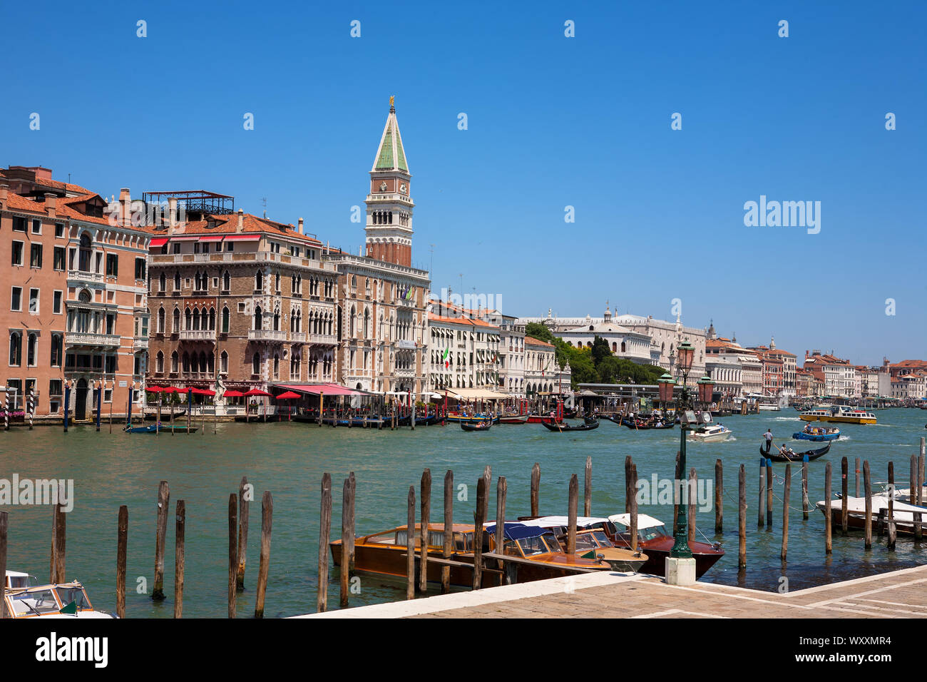 Le Grand Canal et le Campanile di San Marco, le Campo della Salute, Dorsoduro, Venise, Italie Banque D'Images