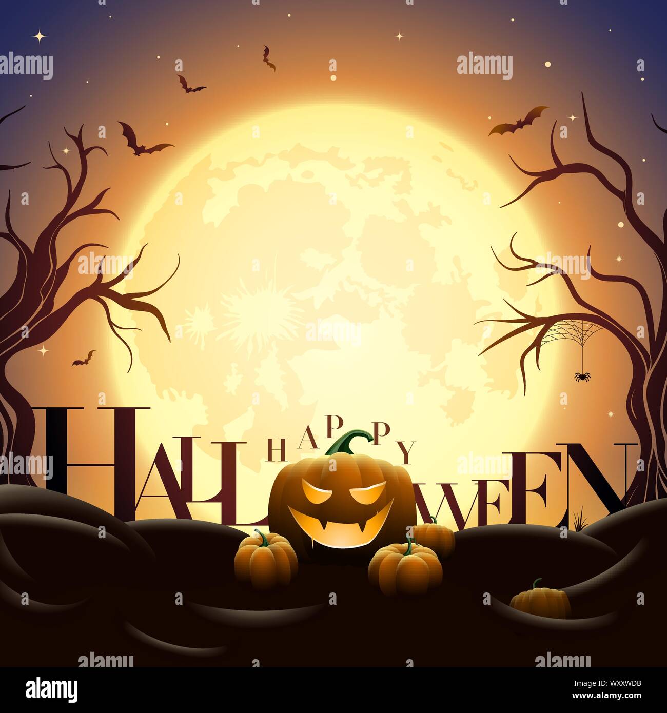 Minuit Halloween Creepy illustration. Pumpkins sous la pleine lune. Les chauves-souris volent. Les éléments sont séparément en couches en fichier vectoriel. Illustration de Vecteur