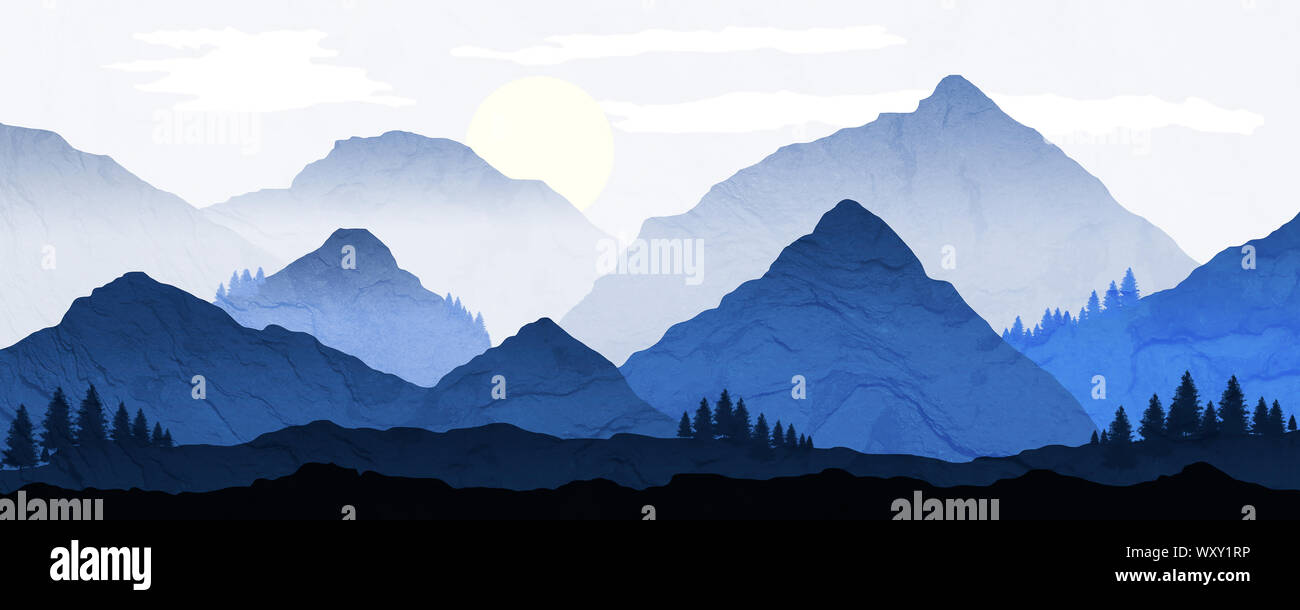 Paysage De Montagne Avec Brouillard Lointain Illustration Et De Sapins Soleil Sur Les Montagnes Traites Dans Des Tons Bleu Degrade Avec Le Fond Textur Photo Stock Alamy