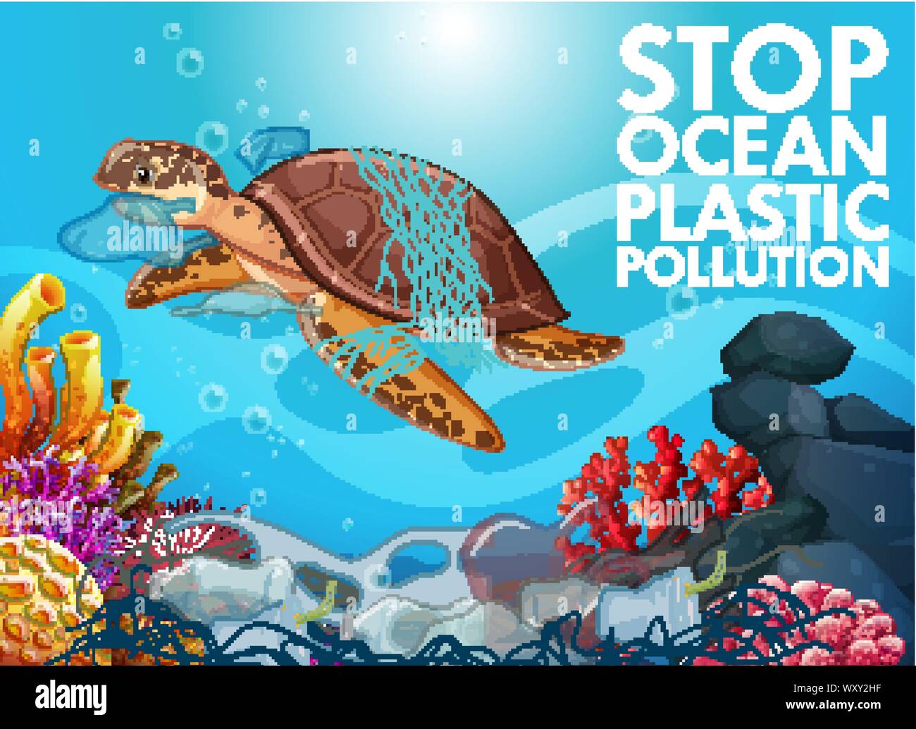 La conception de l'affiche avec les tortues de mer et les déchets dans l'illustration de l'océan Illustration de Vecteur