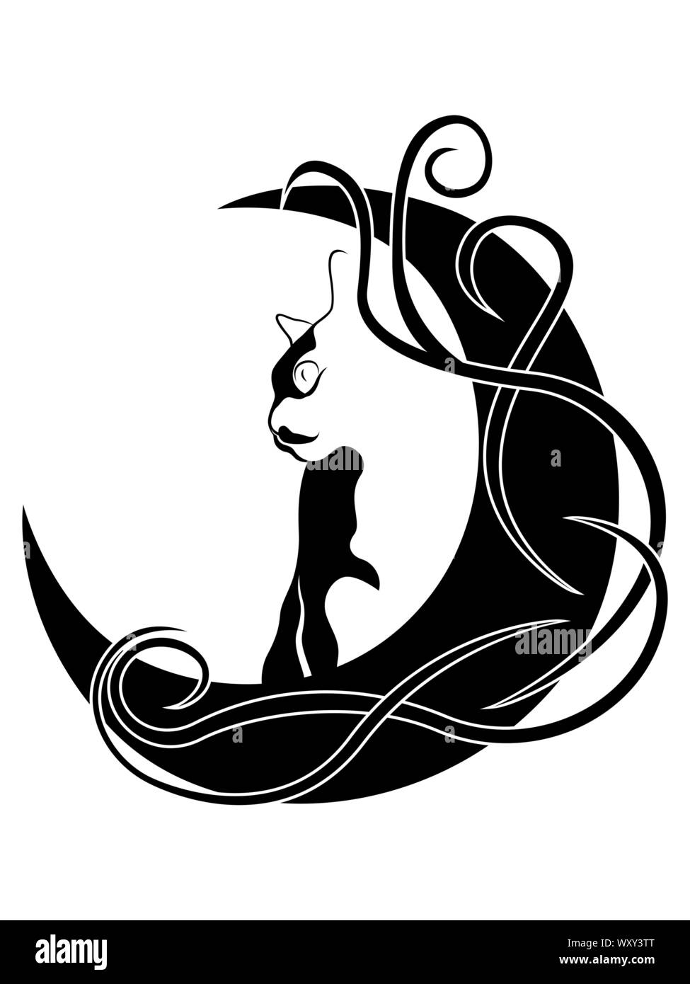 Aperçu des chats sur fond de lune entrelacées avec les plantes, vecteur noir dessin à la main on white Illustration de Vecteur