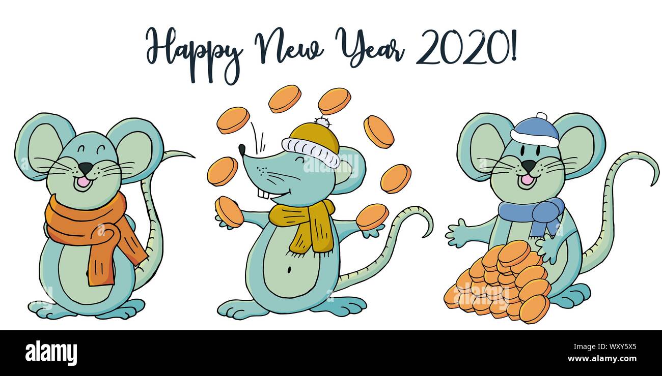 Année du Rat. 2020 L'inscription sur un fond blanc. Bonne année 2020. Bannière, symbole de l'année. Trois rats. Style Cartoon Illustration de Vecteur