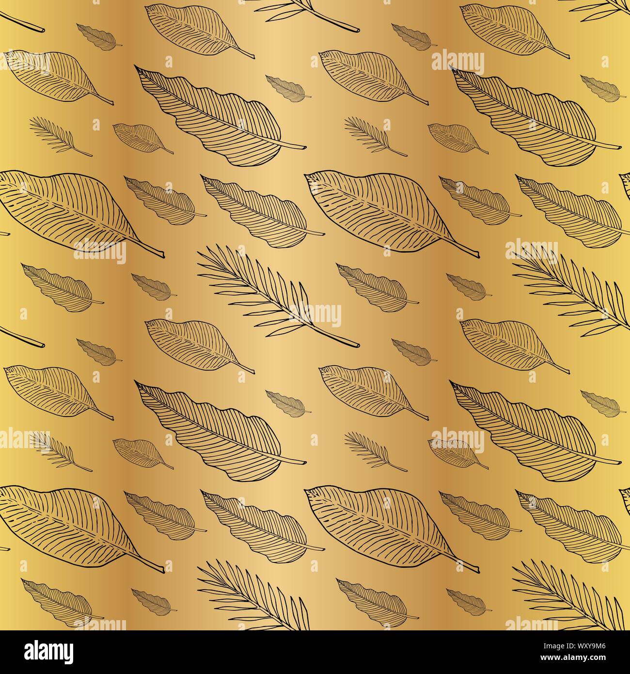 Modèle sans couture avec philodendron, banane et de feuilles de palmier ou de plumes. Doodle croquis. Contours noirs sur fond doré. La texture pour la mode, tissu, papier numérique toiles décoratives, emballage de Noël. Vector illustration. EPS10 Illustration de Vecteur