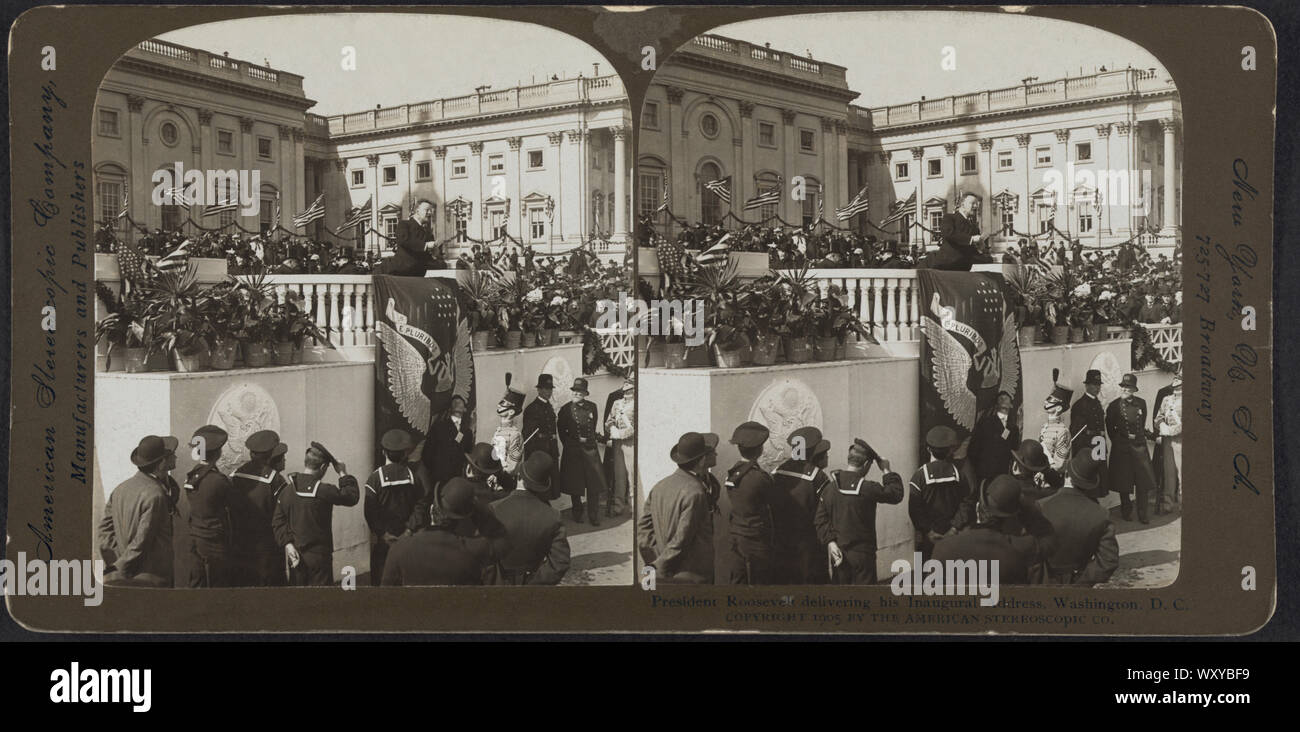 Le président Theodore Roosevelt prononce son discours inaugural, Washington, D.C., Stéréo Card, American Stereoscopic Co., 4 mars 1905 Banque D'Images