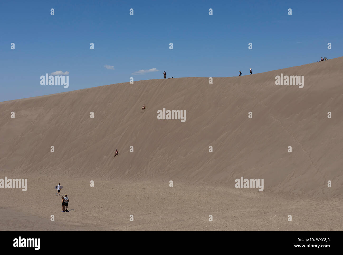 Les randonneurs et de traîneaux à gravir les dunes de sable au Great Sand Dunes National Park en été dans le Colorado. Banque D'Images