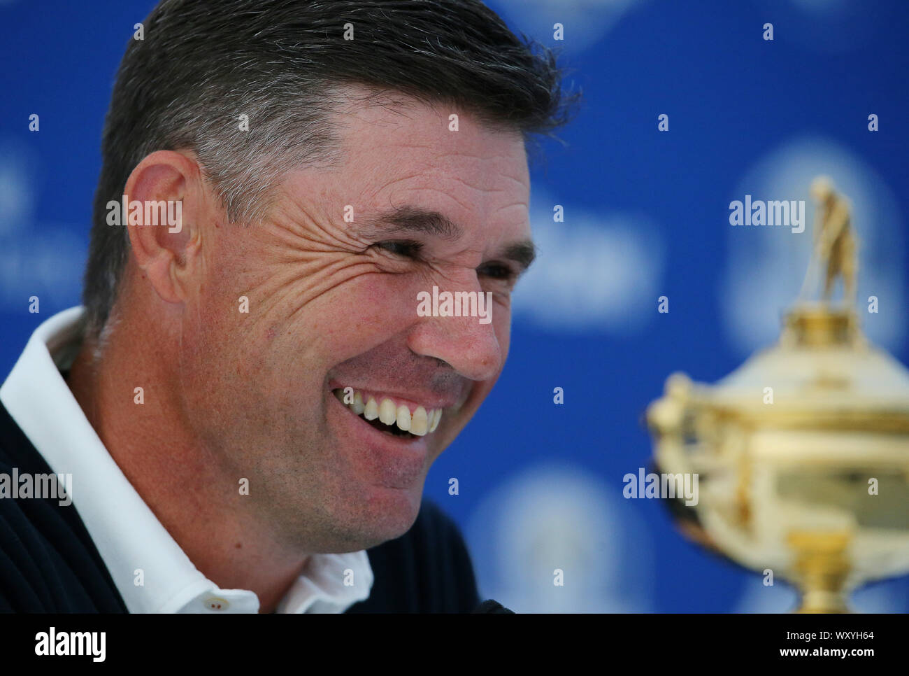 Wentworth Golf Club, Virginia Water, UK. 18 Sep, 2019. Padraig Harrington parle aux médias dans une conférence de presse au cours de la Ryder Cup le Pro am au BMW PGA Championship. Usage éditorial uniquement. Crédit : Paul Terry/Alamy. Crédit : Paul Terry Photo/Alamy Live News Banque D'Images