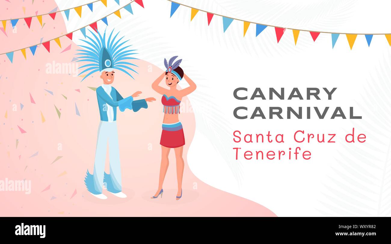 Secteur télévision festival vecteur bannière modèle. Jeune homme et femme dans de beaux costumes authentiques de personnages de dessins animés. Latin American National Party, Santa Cruz de Tenerife maison de vacances mise en page de l'affiche Illustration de Vecteur