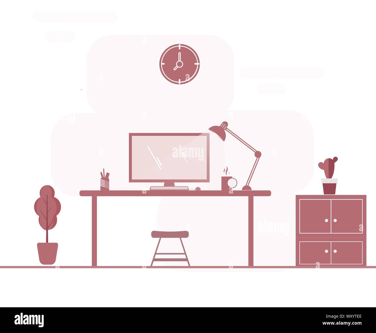 Illustration d'un home-office avec un écran d'ordinateur et le clavier sur un plateau laqué blanc avec lampe anglepoise et deux autres étagères avec fol de couleur Illustration de Vecteur