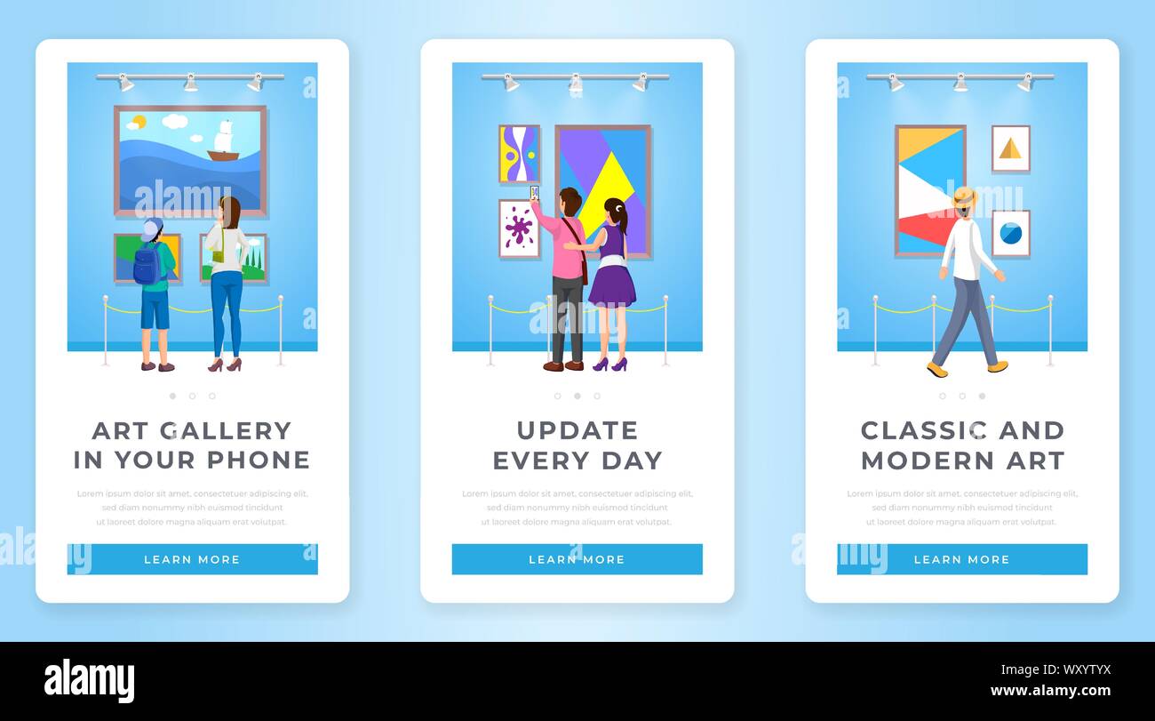 Galerie d'art des modèles d'application mobile. Les visiteurs du musée bénéficiant d'images abstraites, paysages marins sur les murs. Peintures classiques et modernes collection numérique smartphone interface mise en page Illustration de Vecteur