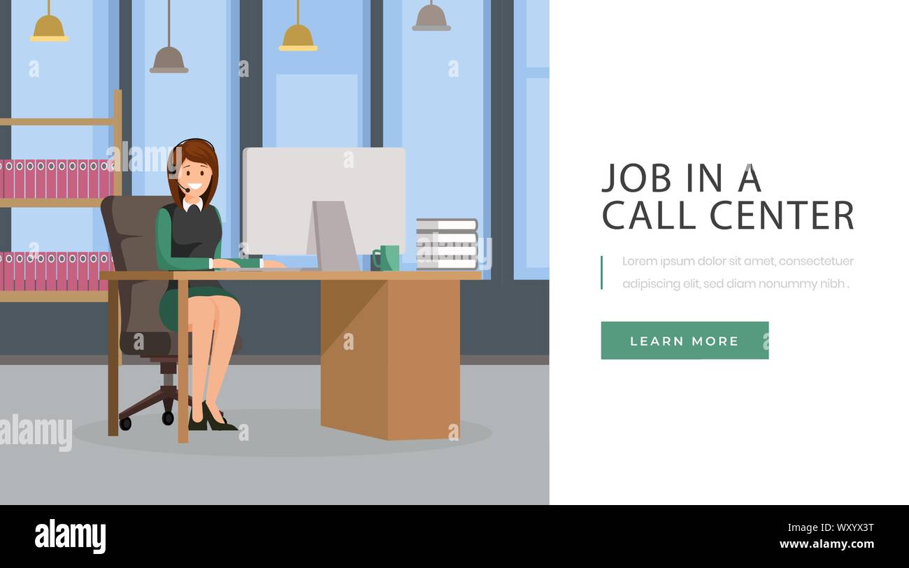 Emploi en centre d'appel page d'atterrissage. Vacance d'un poste ouvert, au service client, support technique site web concept design. L'opérateur de centre d'appels, secrétaire, Assistante personnelle de travailler avec PC au caractère de bureau Illustration de Vecteur