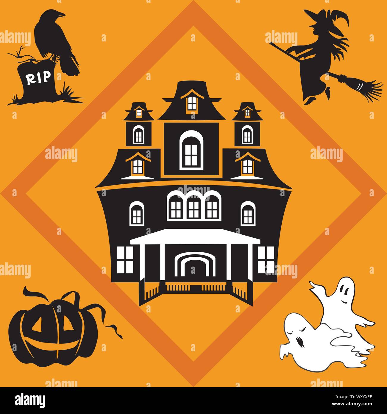 Motif transparent coloré vecteur avec différentes icônes Halloween noir (Raven, sorcière, citrouille, fantômes, maison hantée) isolé sur fond orange, st Illustration de Vecteur
