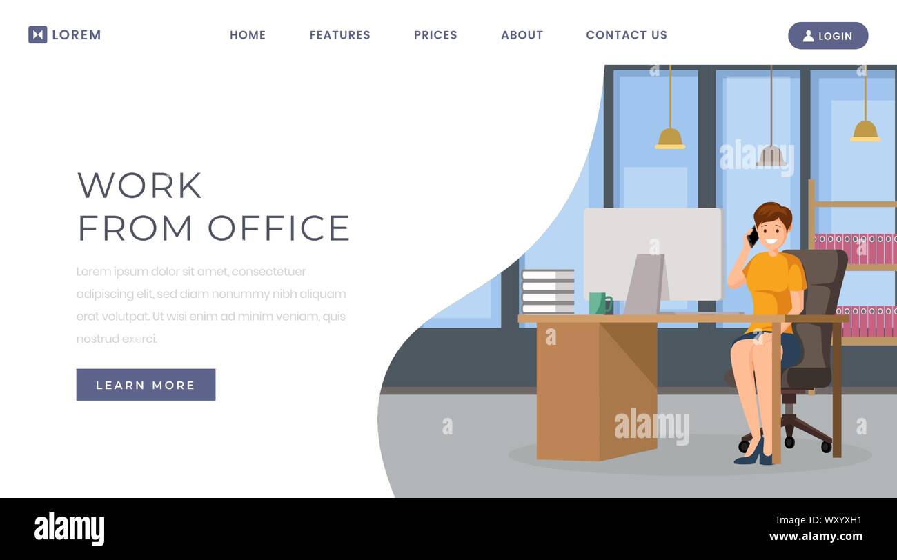 Travailler à partir de la page d'atterrissage bureau modèle. Personal assistant, secrétaire poste vacant, poste d'accueil du site web. Femme, travaillant avec l'ordinateur à l'office de personnage Illustration de Vecteur