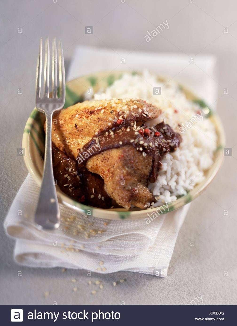 Le poulet et le riz dans une sauce au chocolat Banque D'Images