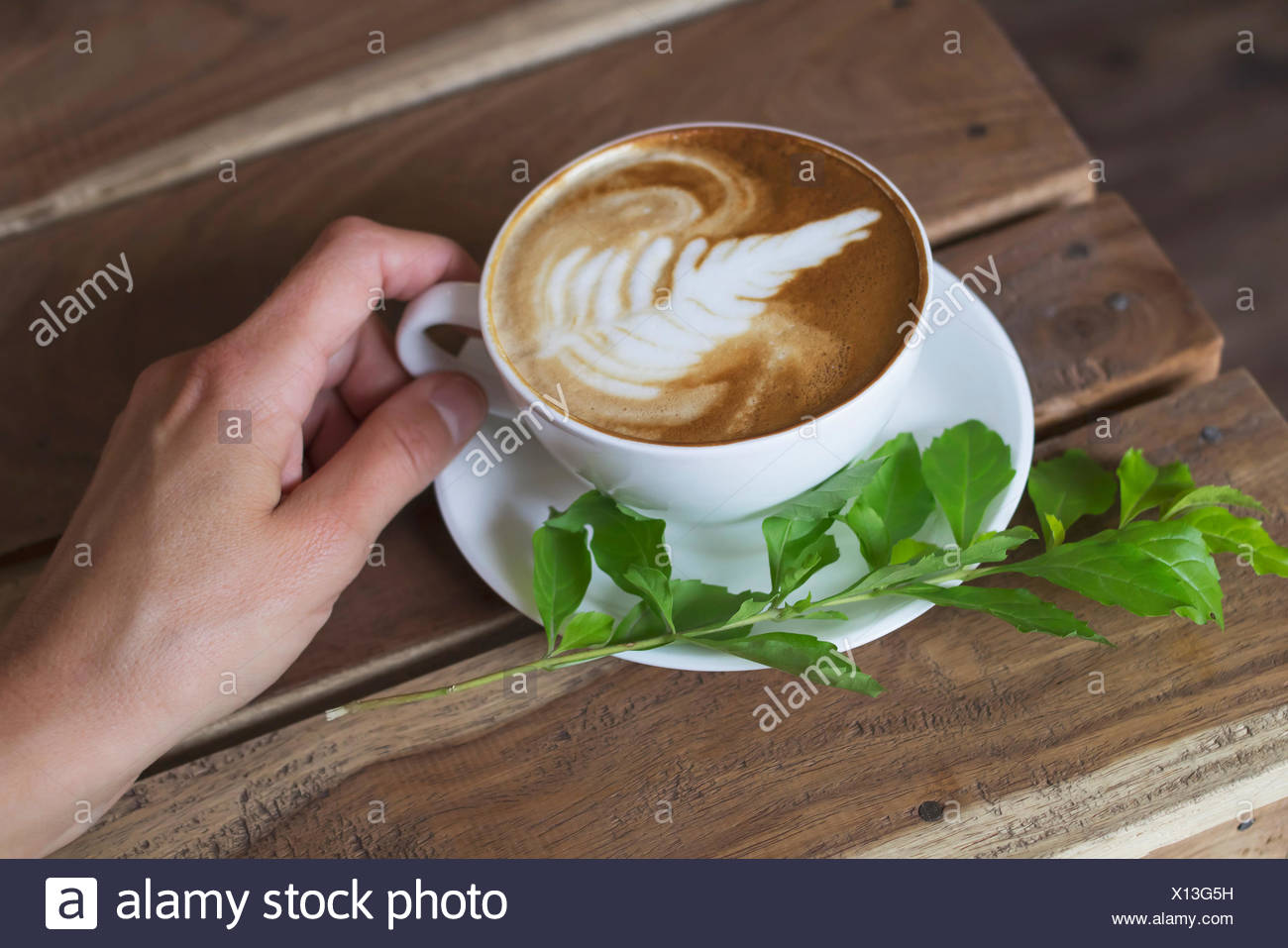 Femme tenant une tasse de cappuccino Banque D'Images