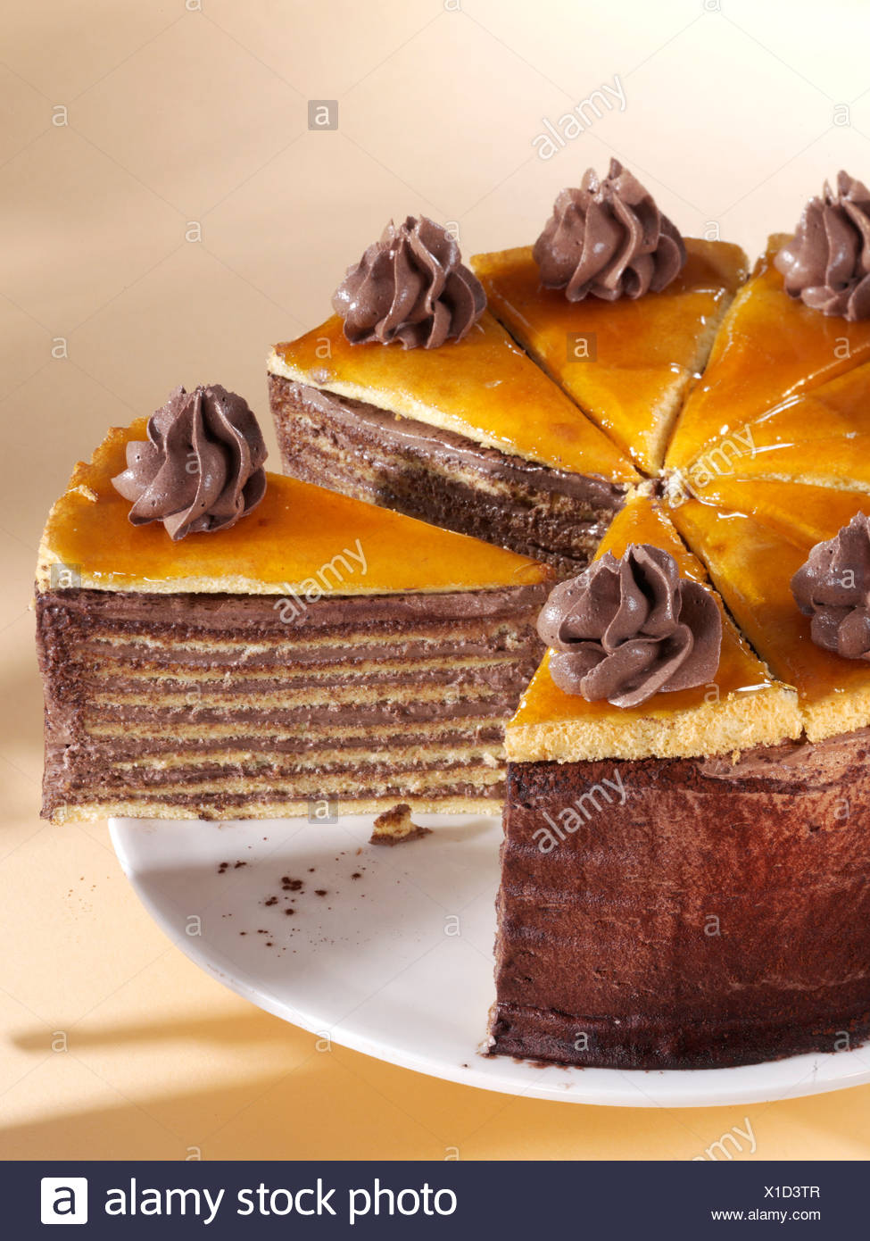 Tranches de gâteau Dobos sur une assiette, le hongrois