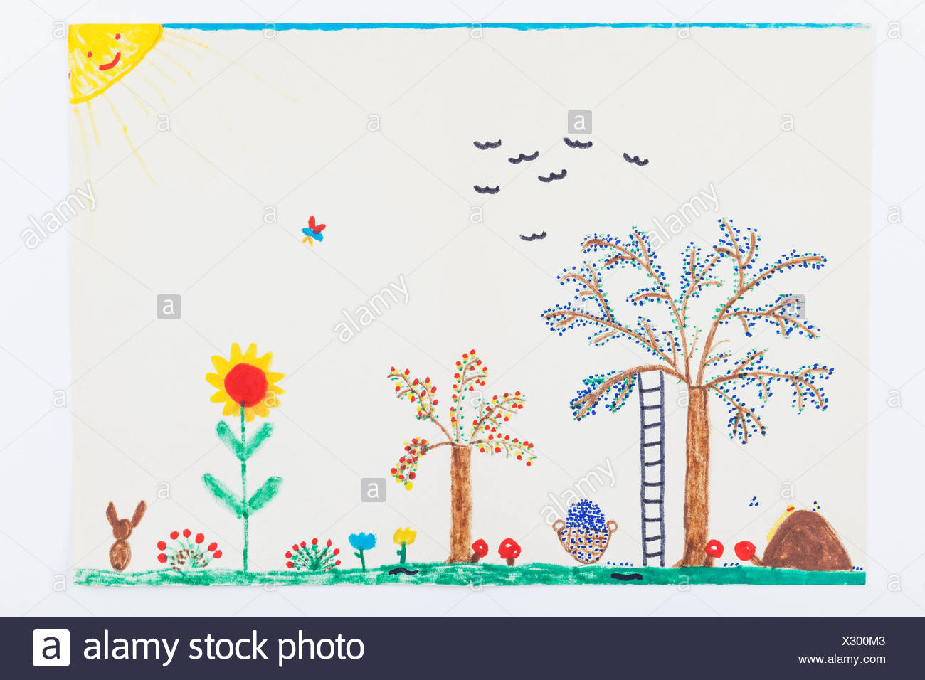 Dessin Denfant Jardin Prunier Fleurs Banque Dimages