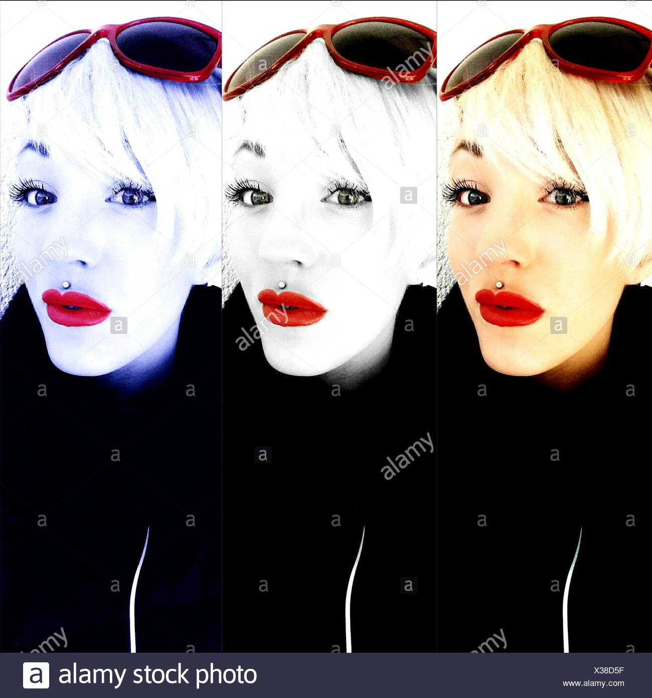 Plusieurs Image de belle femme avec le rouge à lèvres rouge contre fond blanc Banque D'Images