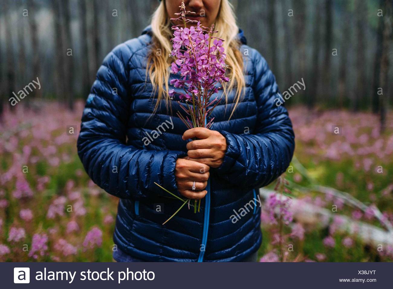 Portrait of mid adult woman holding manteau rembourré fleurs sauvages, le lac Moraine, Banff National Park, Alberta Canada Banque D'Images
