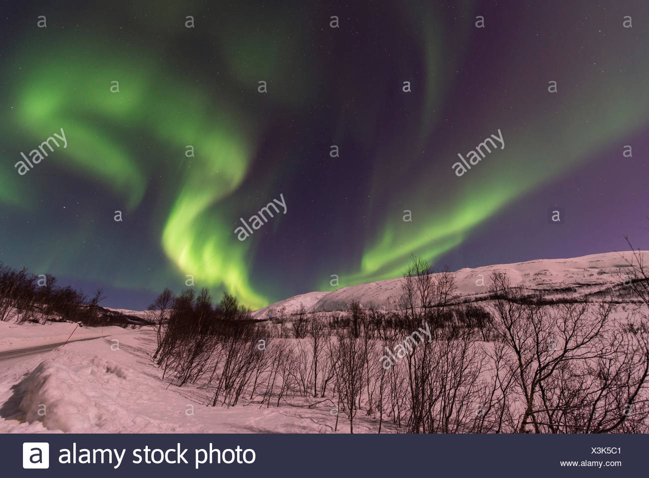 Eddy aurora en paysage d'hiver, la Norvège, Troms, Finnvikdalen Banque D'Images