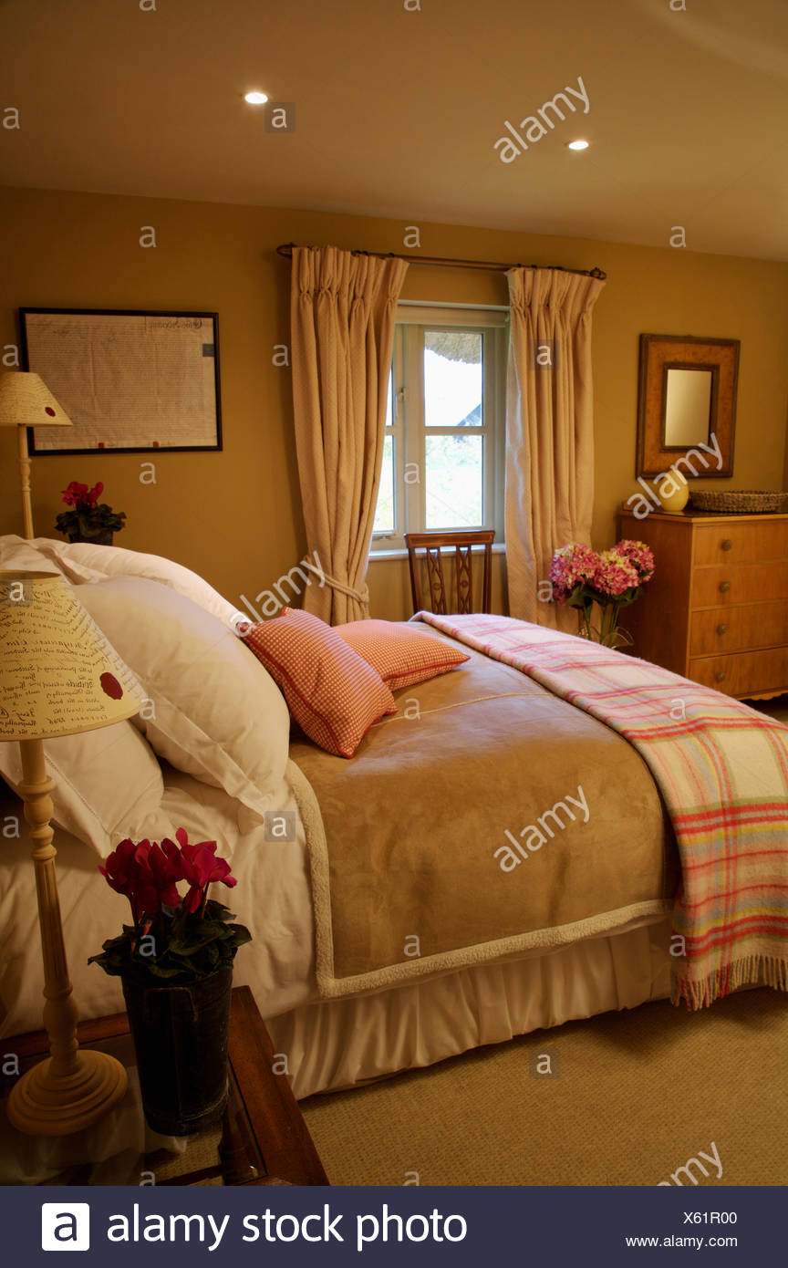 Oreillers Blanc Et Rose Verifie Avec Couverture En Fausse Fourrure Beige Jeter Sur Lit Dans Chambre Avec Des Rideaux Creme Cottage Photo Stock Alamy