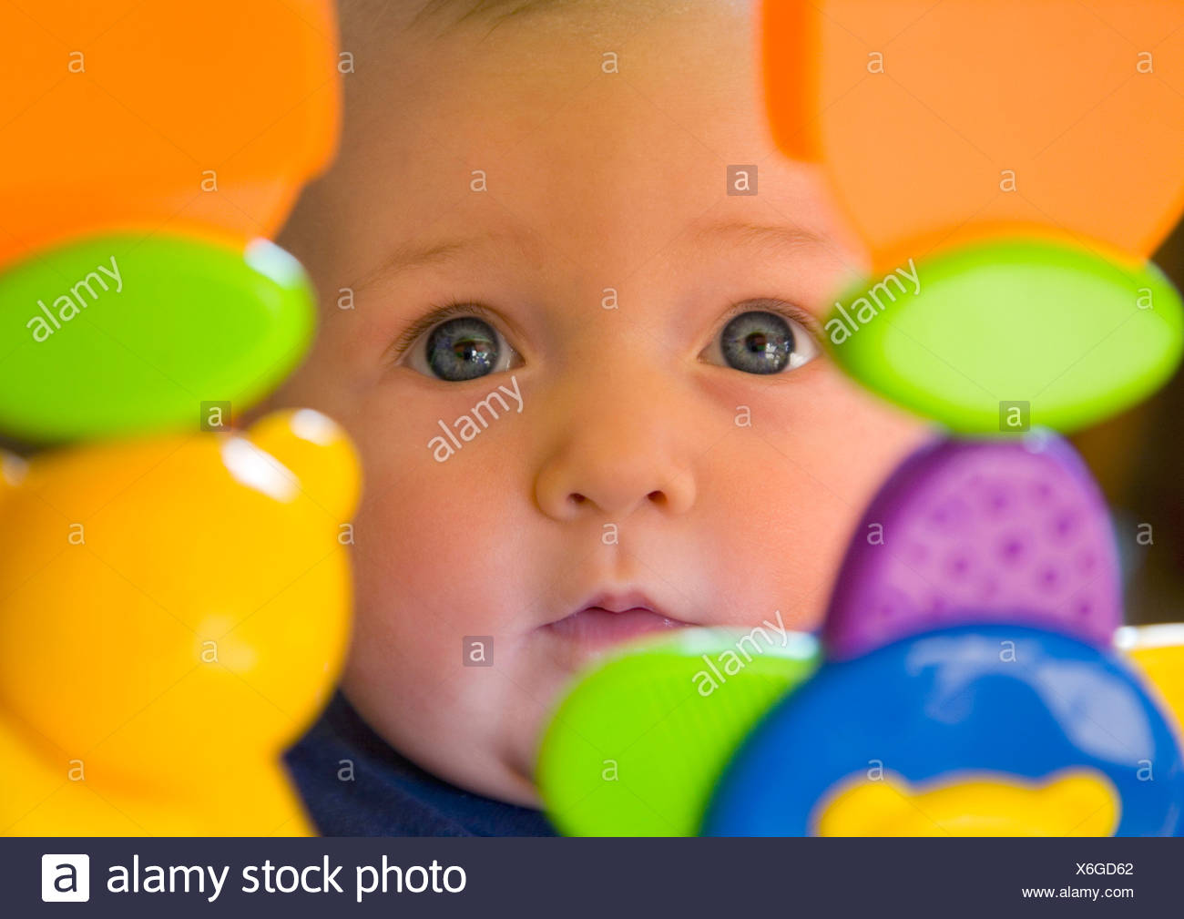 Bebe Fille 6 Mois Du Tout Petit Avec Des Yeux Bleus A La Recherche Par Le Biais De Jouets En Plastique Photo Stock Alamy