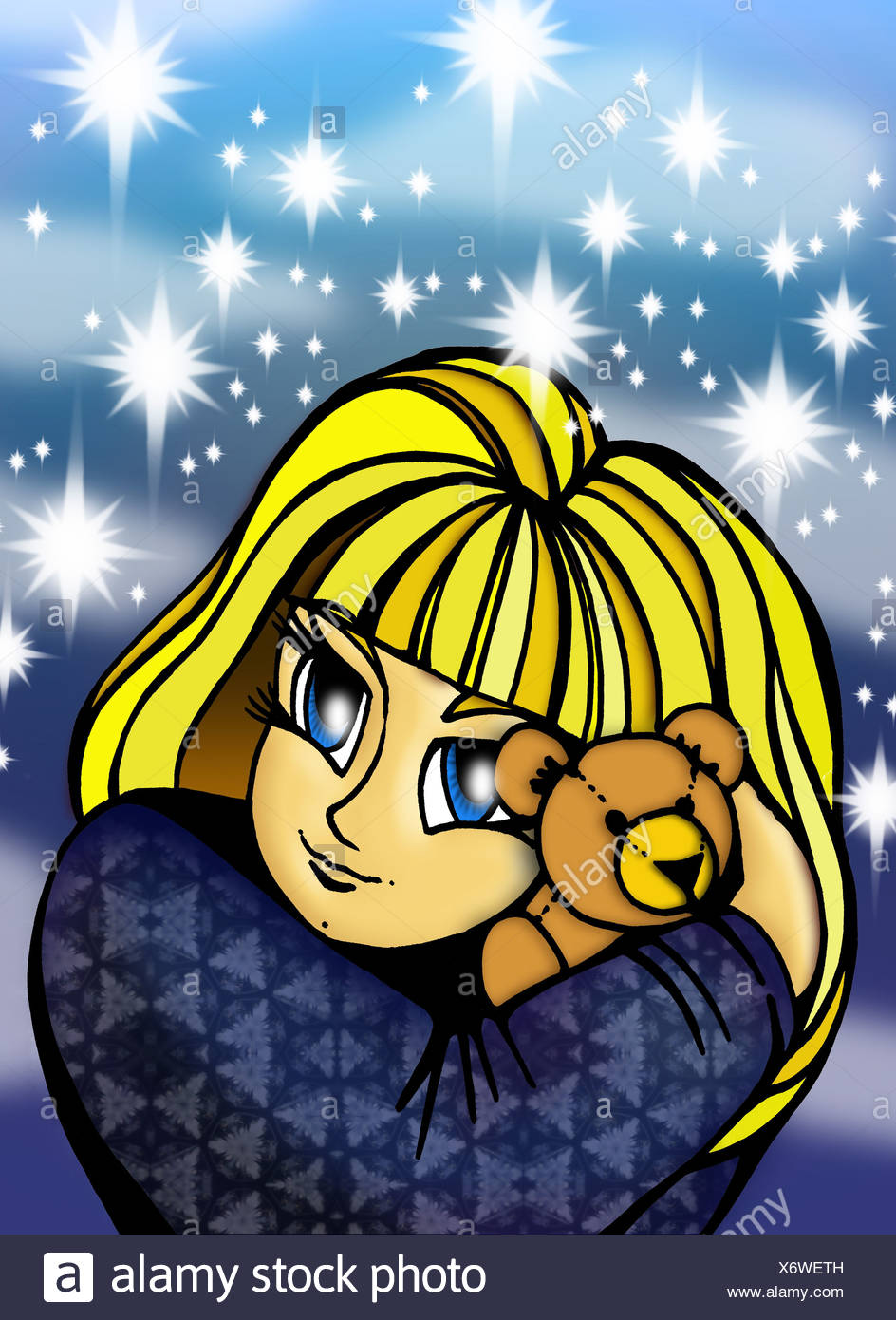 Illustration Manga Girls Blonde Ours Câlins Firmaments Soir