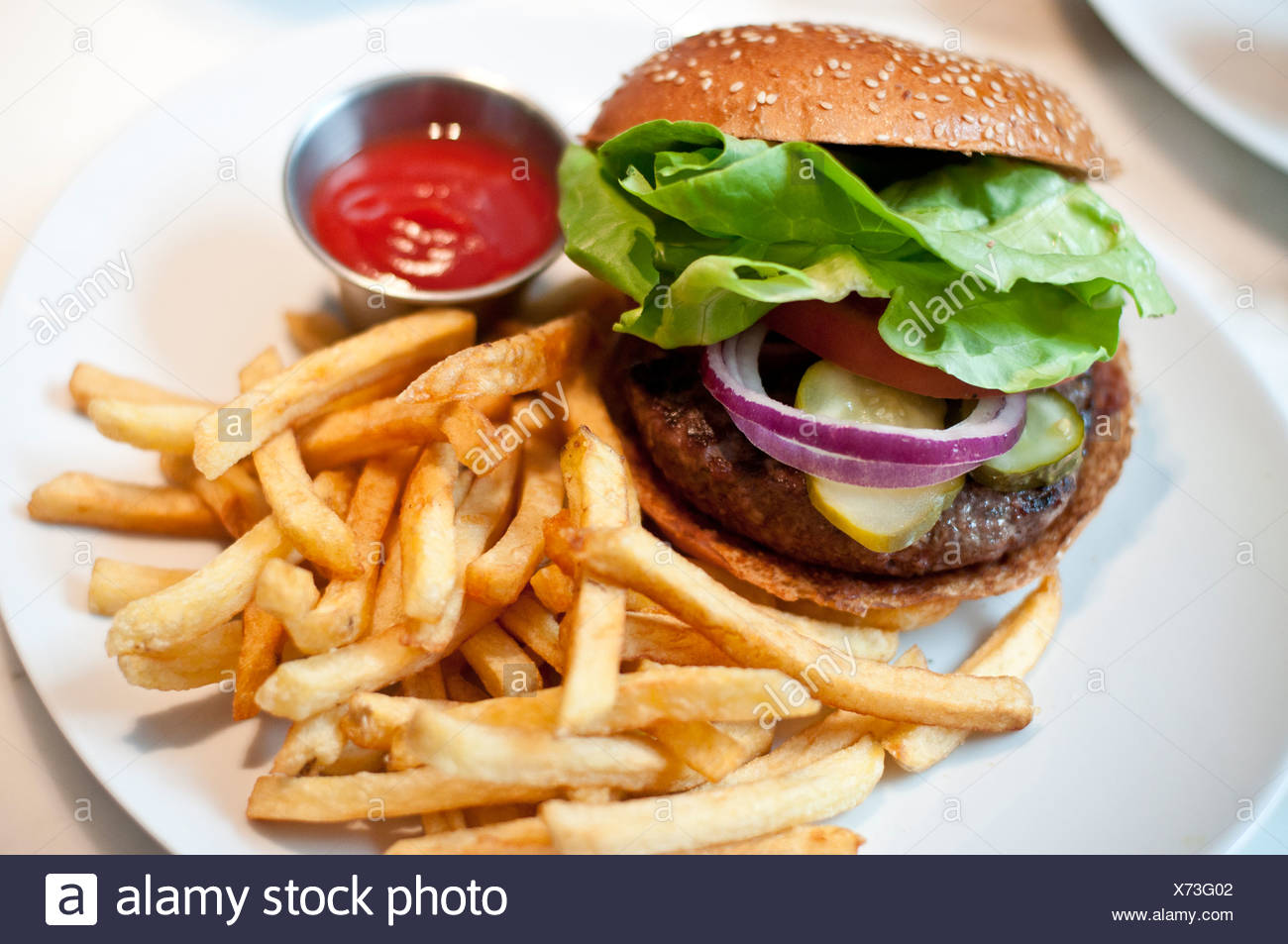 Un Hamburger Et Des Frites Sur Une Assiette Photo Stock Alamy Un Hamburger Et Des Frites Sur Une Assiette Photo Stock Alamy