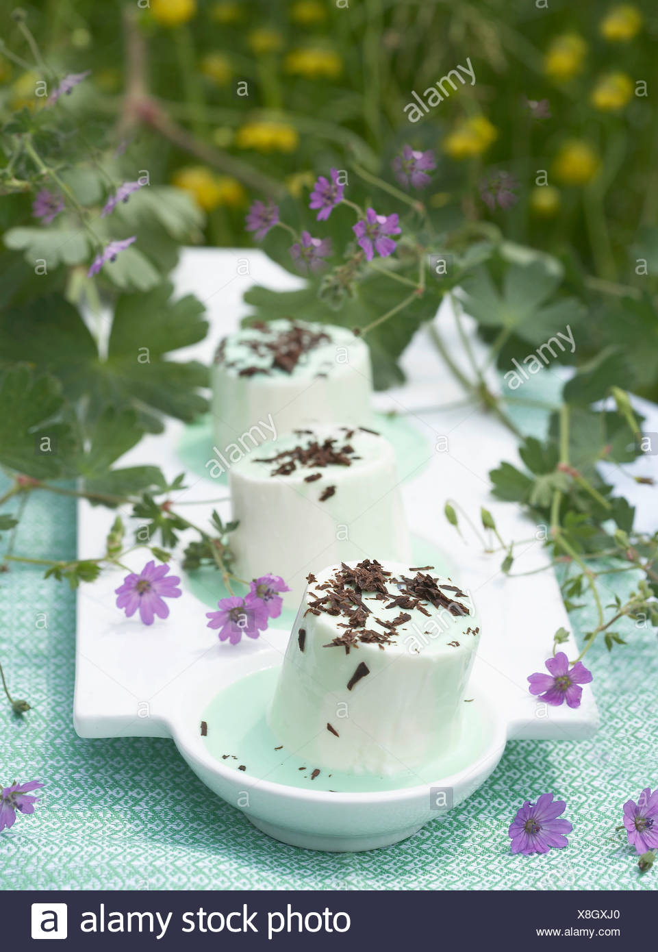 Petit-suisse avec la liqueur de menthe et copeaux de chocolat Banque D'Images