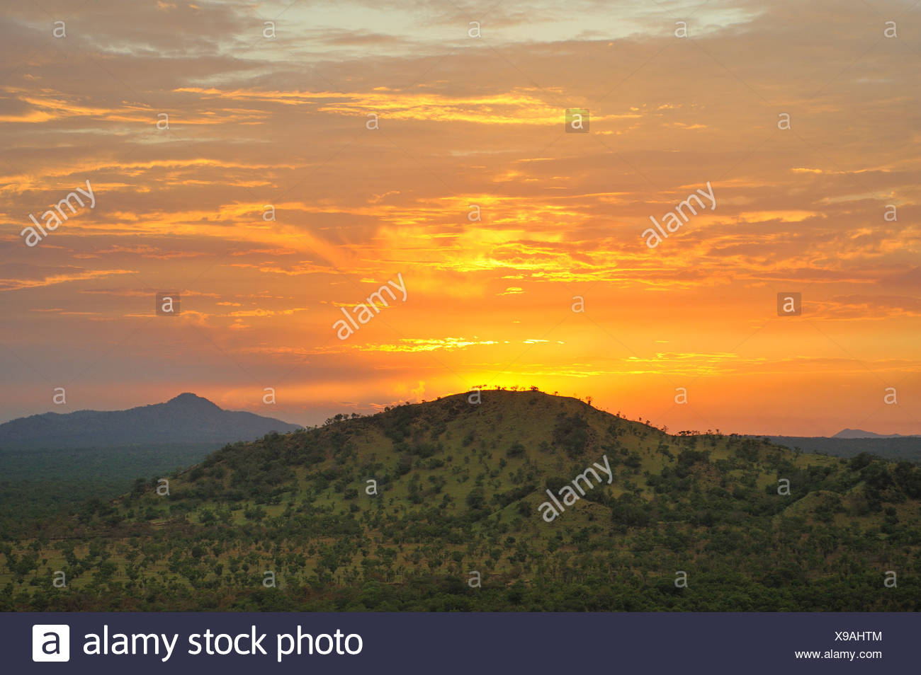 Coucher de soleil sur les collines du Parc National de Boma, au Soudan Banque D'Images