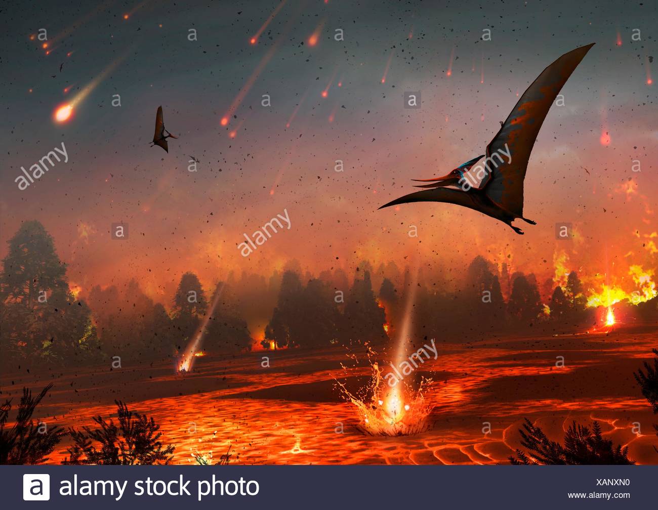 Artwork de ptérosaures survolant une scène de destruction quelque 65 millions d'années l'impact d'un astéroïde ou une comète avec le Banque D'Images