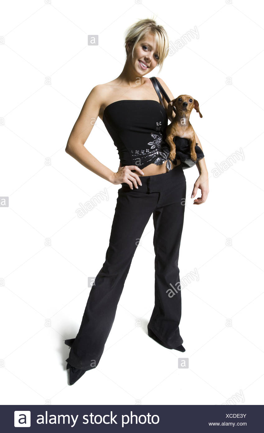 Femme avec un petit chien dans son sac à main Photo Stock - Alamy