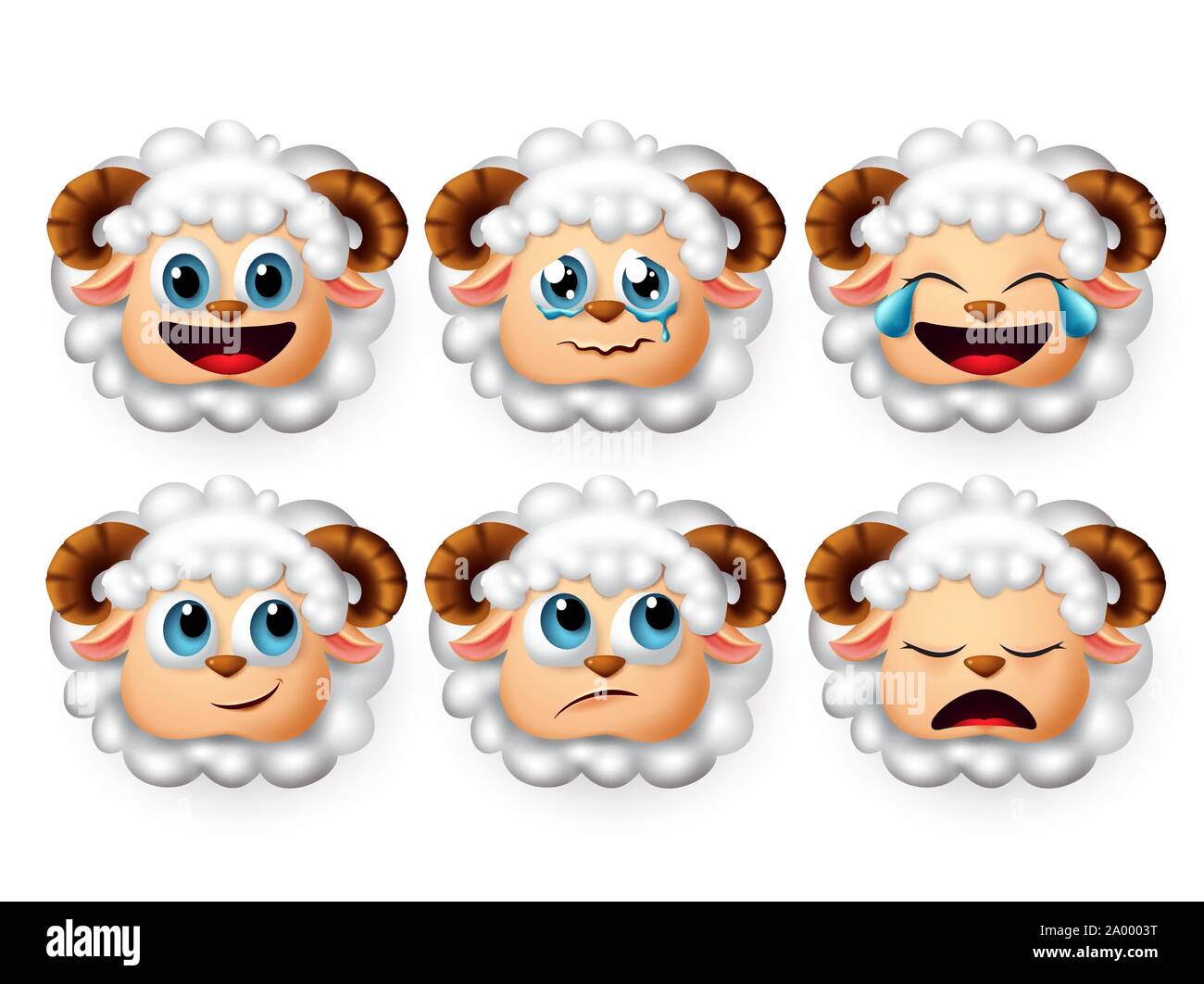 Agnello Emojis vector set. Emoticon e icona di pecore e agnelli faccia di testa con ricci capelli bianchi di umore di dormire e piangere isolato in bianco. Illustrazione Vettoriale