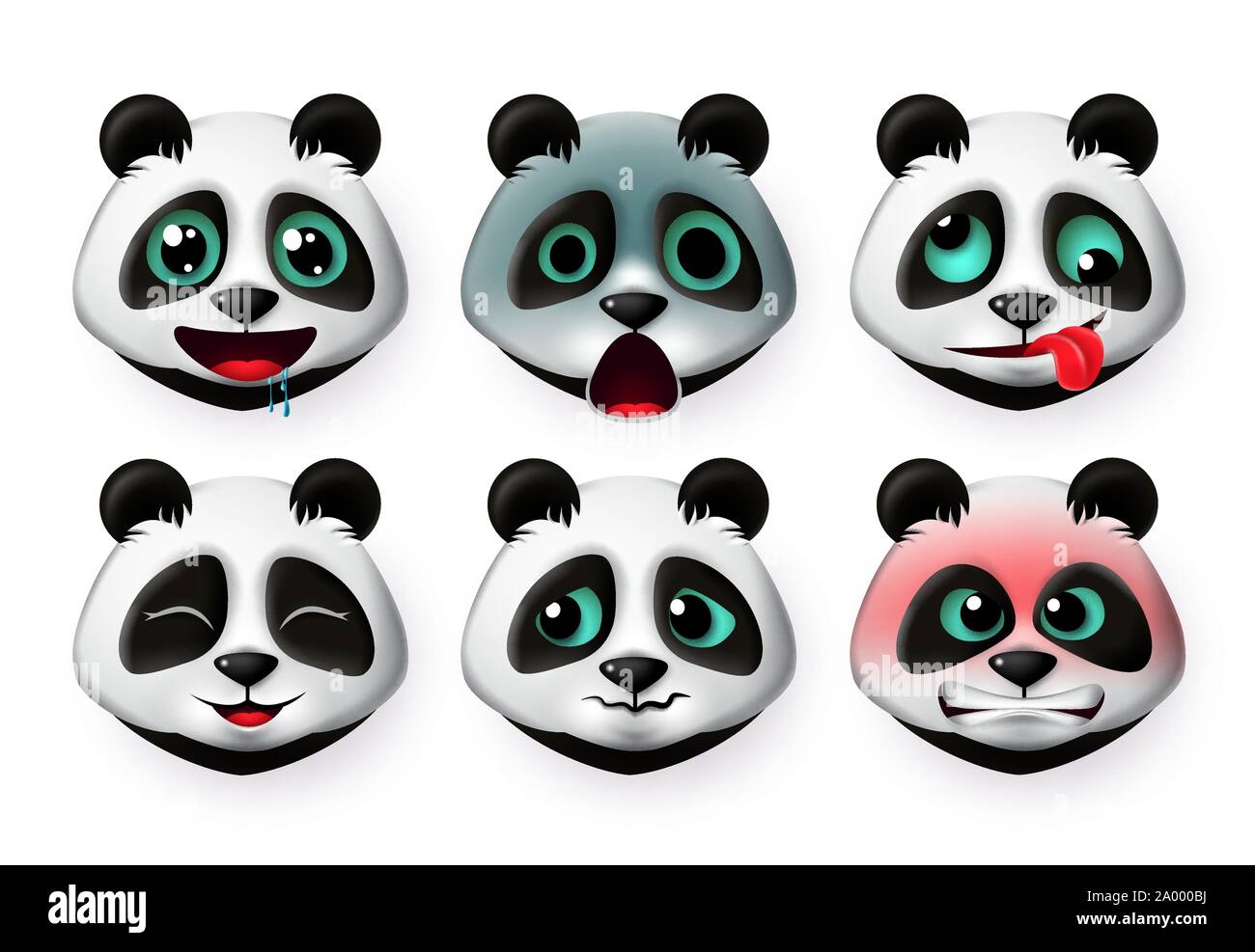 Panda emoticon o teste di orso vector set. Pandas big bear emojis faccia nella fame e arrabbiato espressione per firmare e simboli isolati in sfondo bianco Illustrazione Vettoriale
