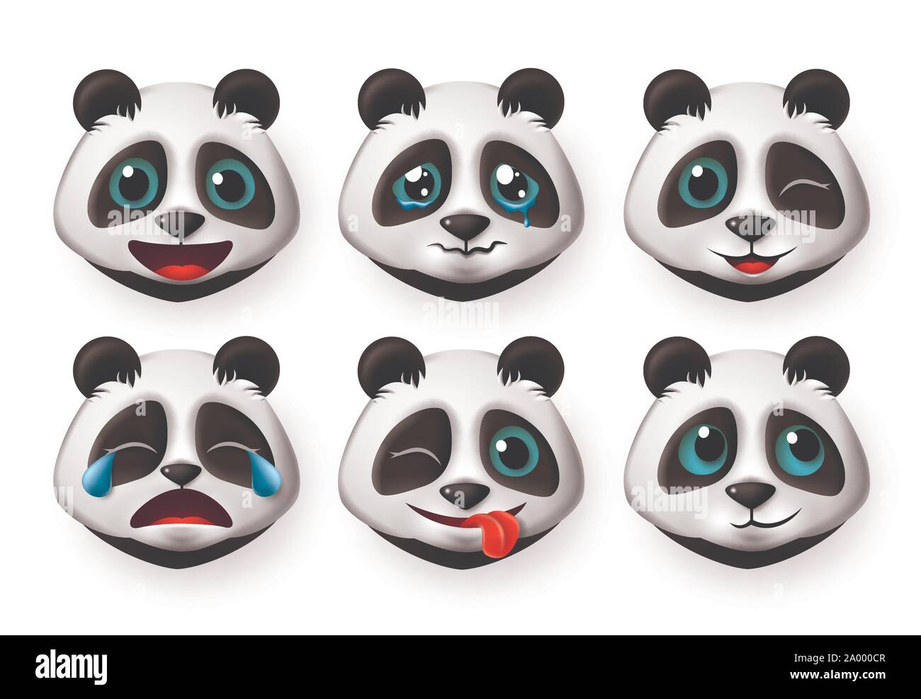 Gli Emoji orso panda vector set. Carino gigantesco orso panda emoticon e icona con espressione facciale di felice e pianto isolato in uno sfondo bianco. Illustrazione Vettoriale