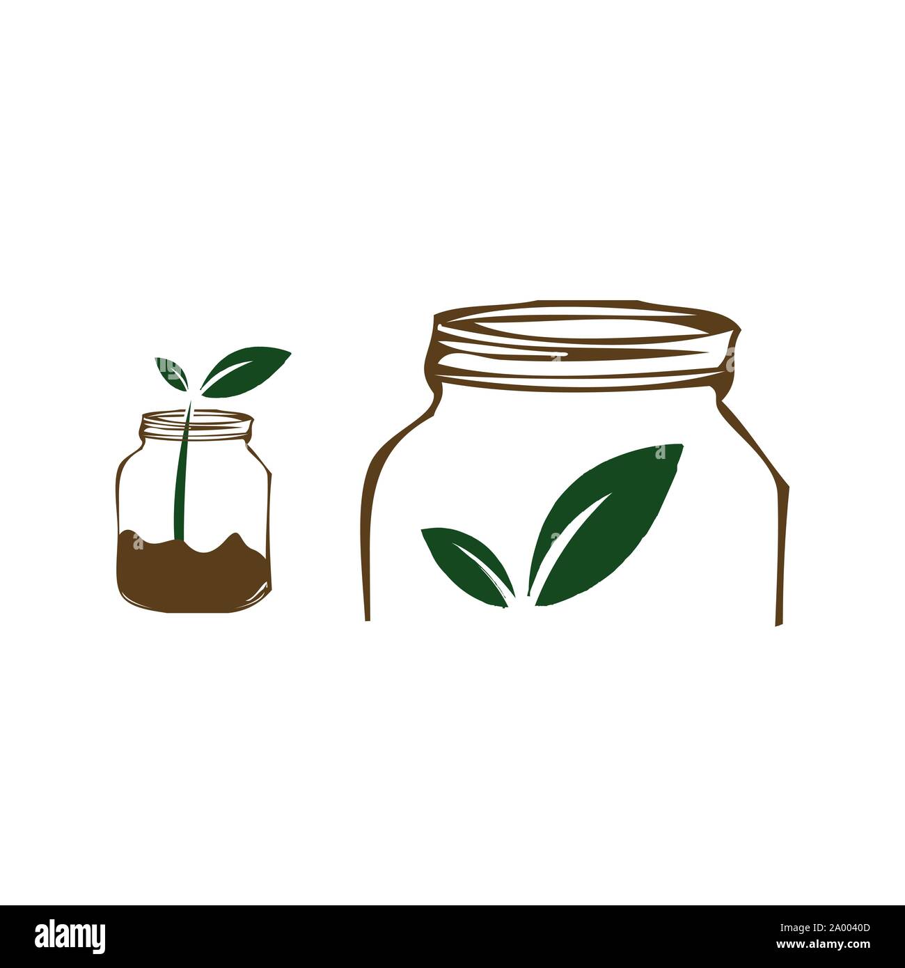 I vasetti e concetto di foglia un cibo organico logo design illustrazioni vettoriali Illustrazione Vettoriale