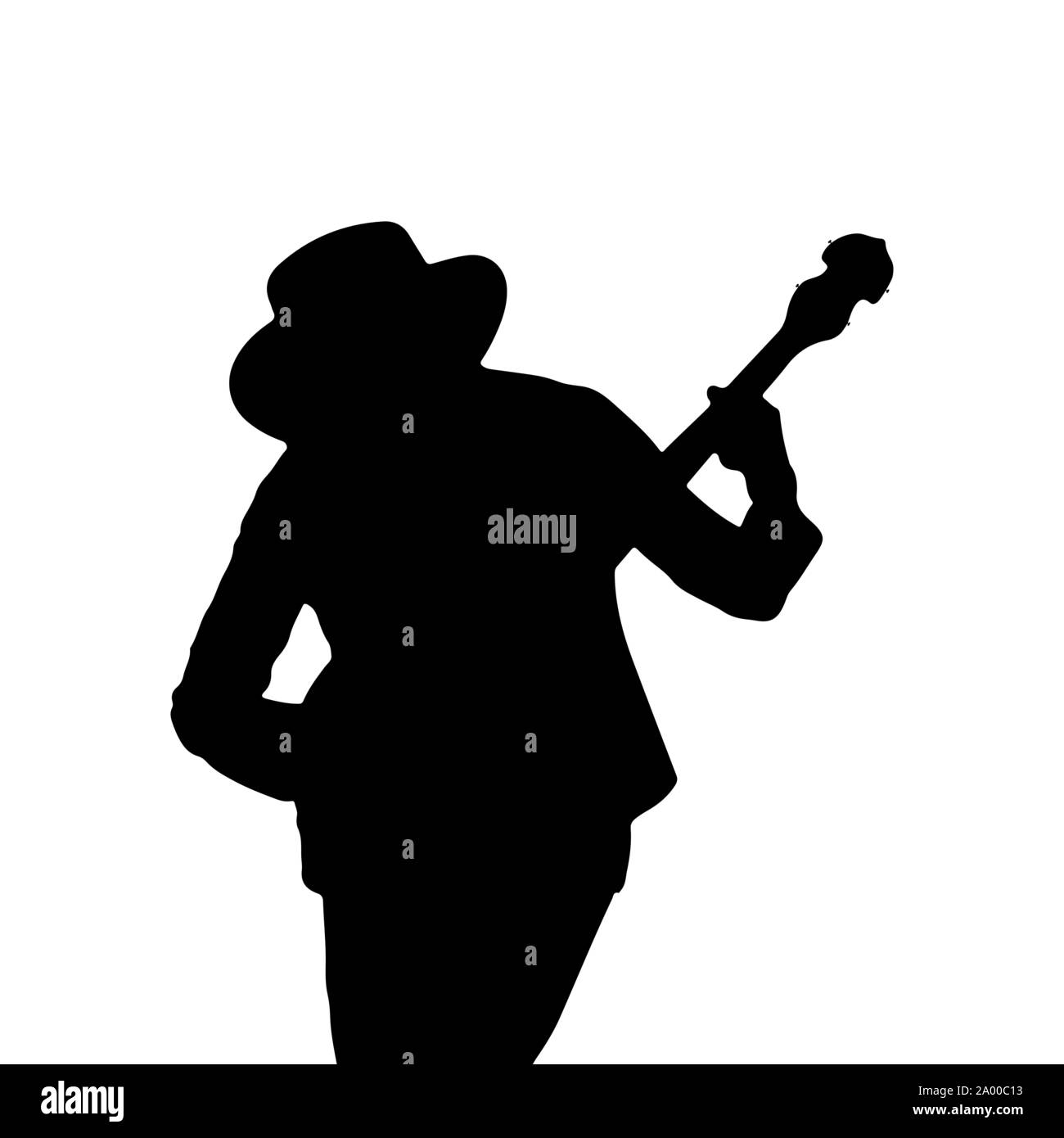 Silhouette di un uomo in un cappello con una chitarra. Design piatto Illustrazione Vettoriale