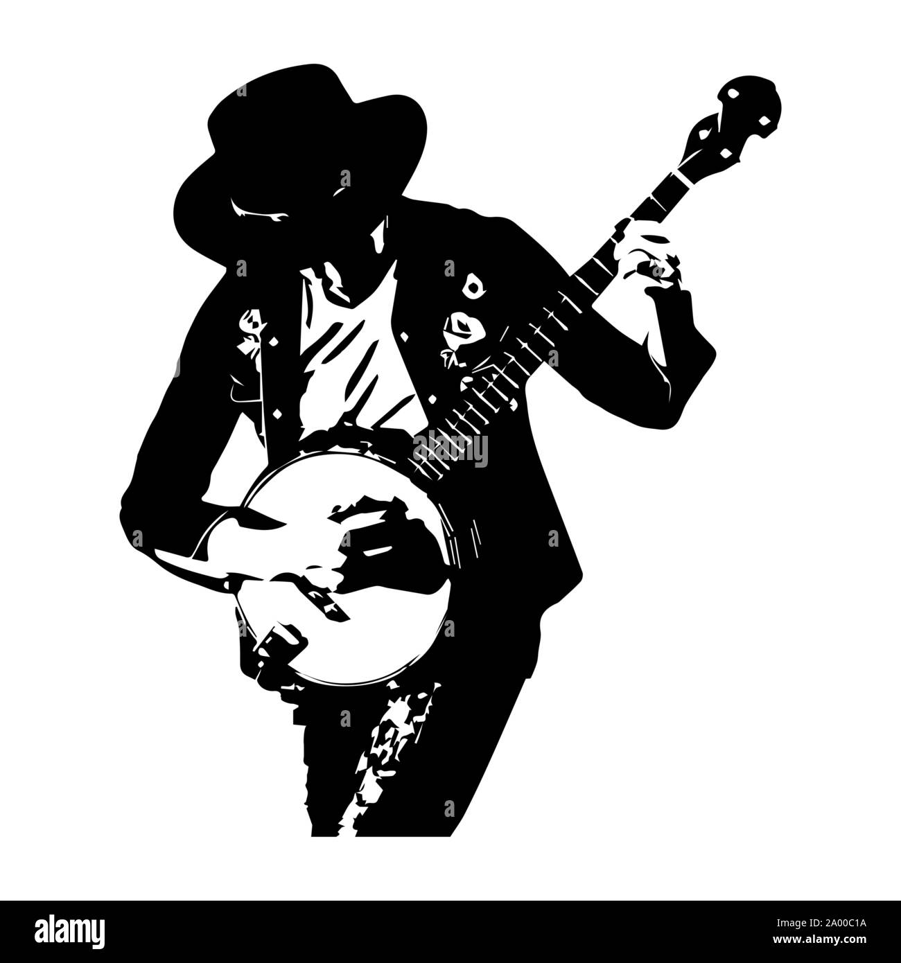 L uomo nel cappello con il banjo. Design piatto Illustrazione Vettoriale