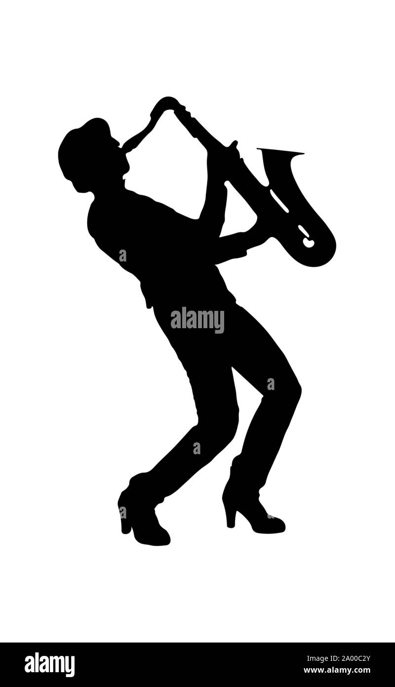 Silhouette di un musicista con un sassofono. Design semplice Illustrazione Vettoriale