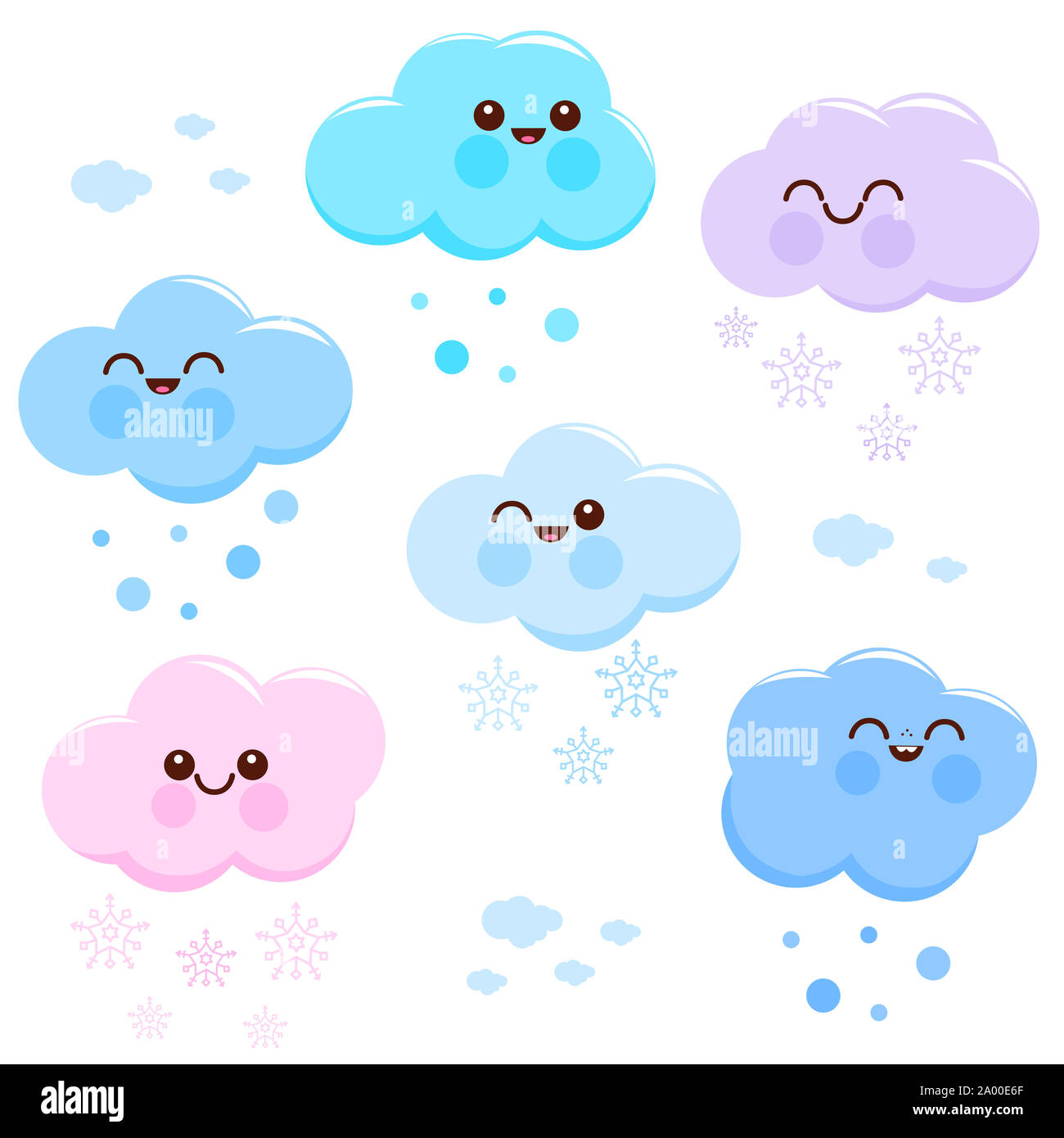 Carini e colorati personaggi di nuvole e neve. Nuvole di cartoni animati sulla neve nella stagione invernale con fiocchi di neve nel cielo. Foto Stock