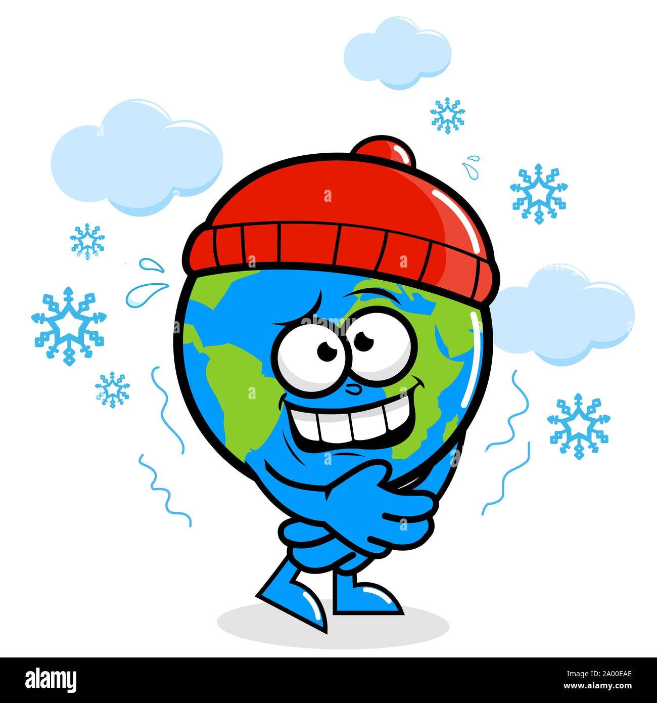 Illustrazione di un cartone animato il pianeta terra con un cappello in inverno freddo arrivare nella neve. Foto Stock