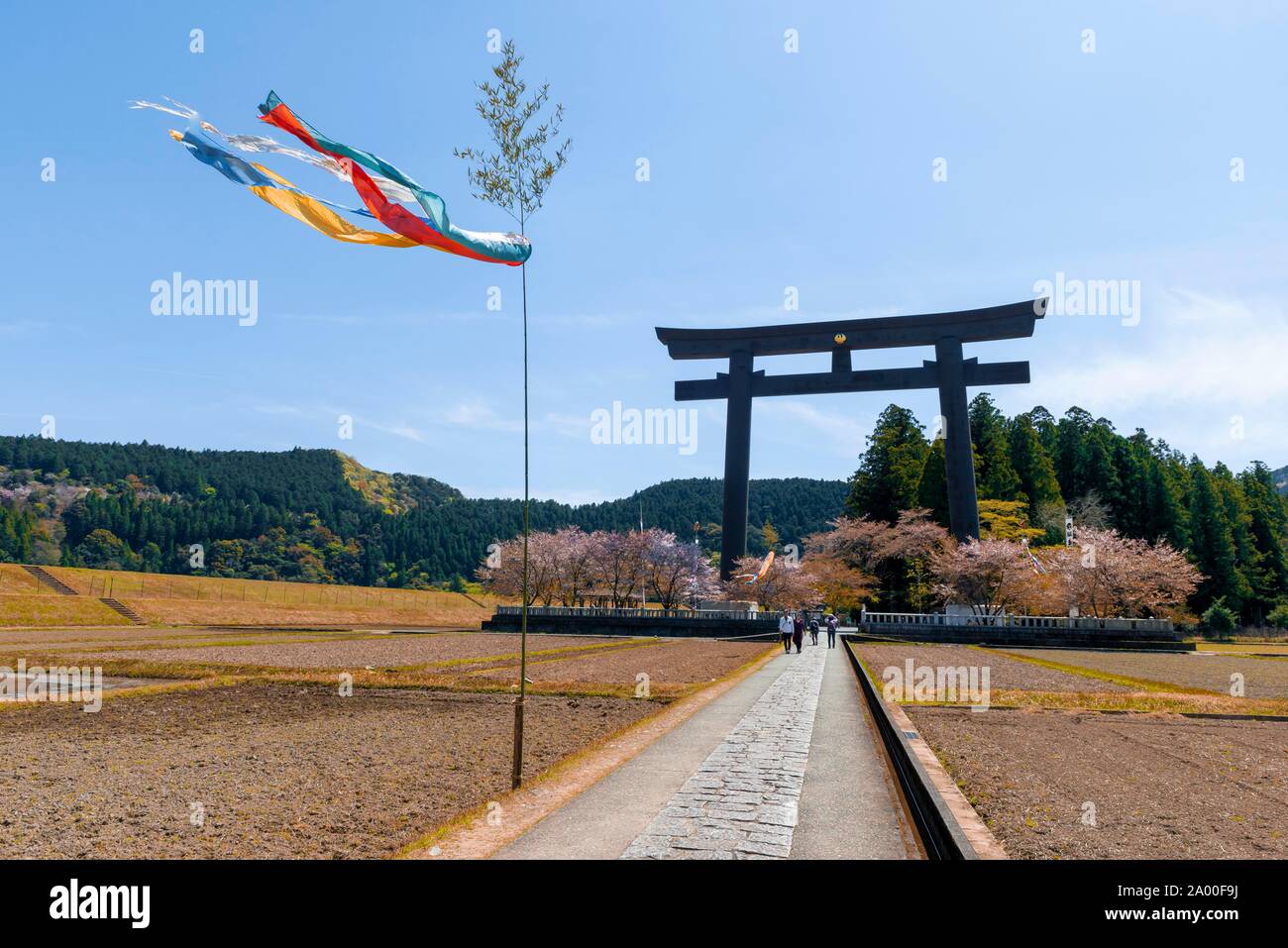 Torii più grande del mondo, la destinazione del Kumano Kodo pellegrinaggio, Hongu Oyunohara Torii Gate, anche Otorii, Oyunohara sacrario scintoista, Wakayama Foto Stock