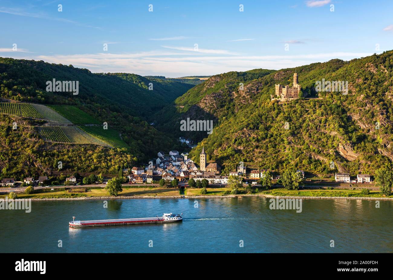 Vista sul Reno di Wellmich con castello Maus, Valle del Reno superiore e centrale, San Goarshausen, Renania-Palatinato, Germania Foto Stock