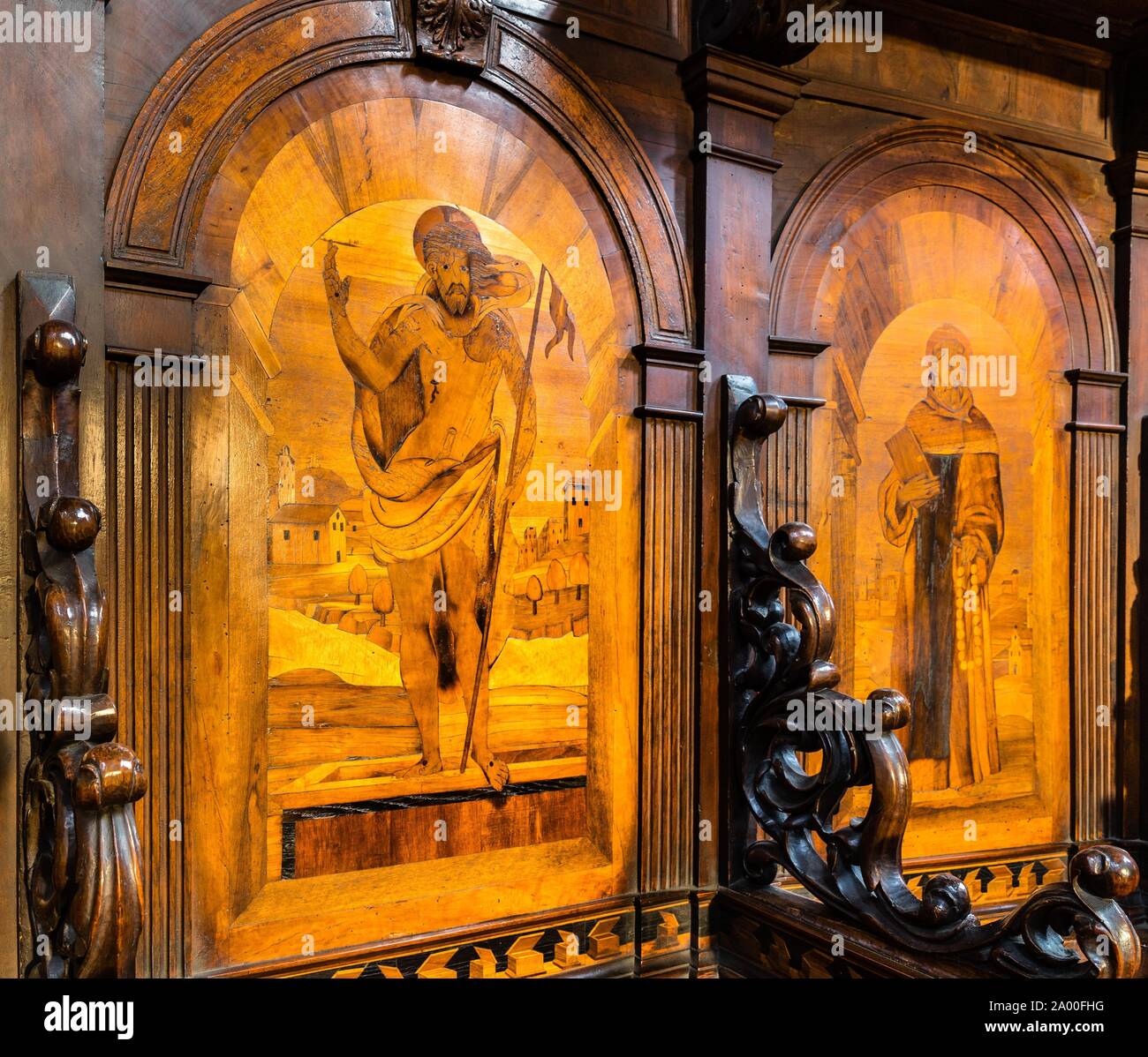 Intarsio, Cristo risorto e SAN, coro di Giuseppe e Cristoforo Mantelli, 1546, Rinascimento, Basilica di San Prospero di Reggio Emilia Foto Stock