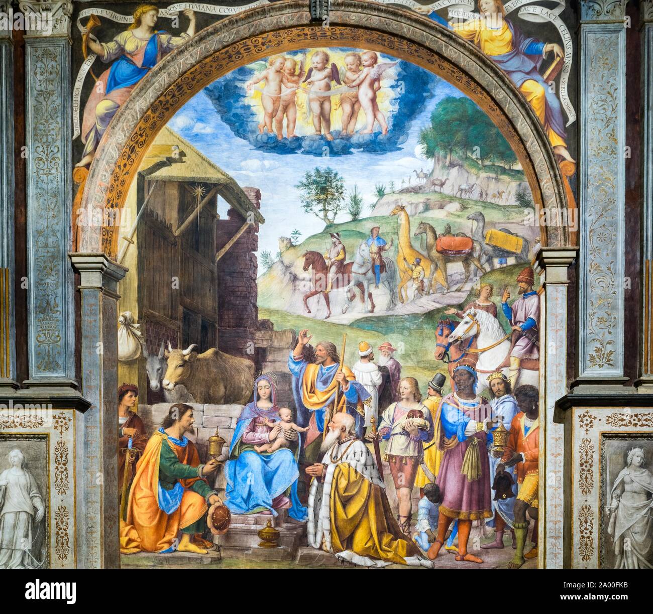 Adorazione dei Magi, affreschi di Bernardino Luini, primo Rinascimento, Santuario della Beata Vergine dei Miracoli a Saronno, provincia di Varese Foto Stock