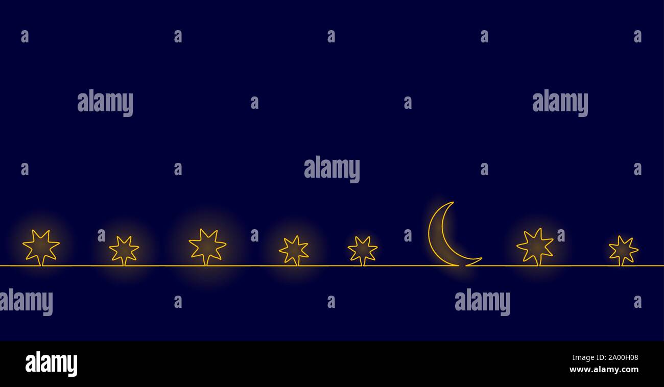 Unica e continua una linea arte luna di notte. Parete di sonno stelle sky concept design sketch. Relax ricreazione serata stellata holiday contorno disegno vettoriale Illustrazione Vettoriale